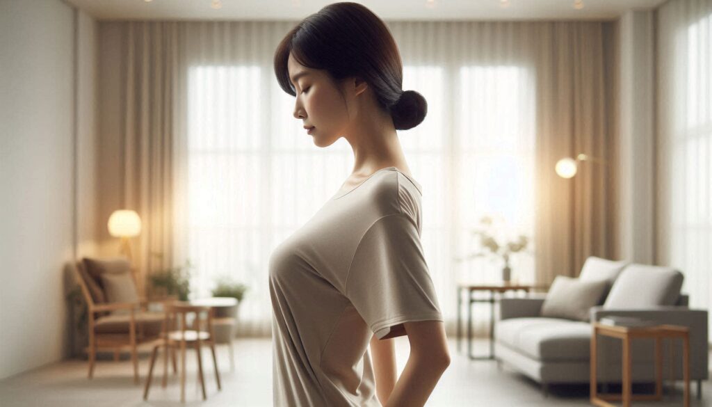 허리 통증 있을 때 걷기 운동 괜찮을까를 고민하는 여성의 걷기 장면