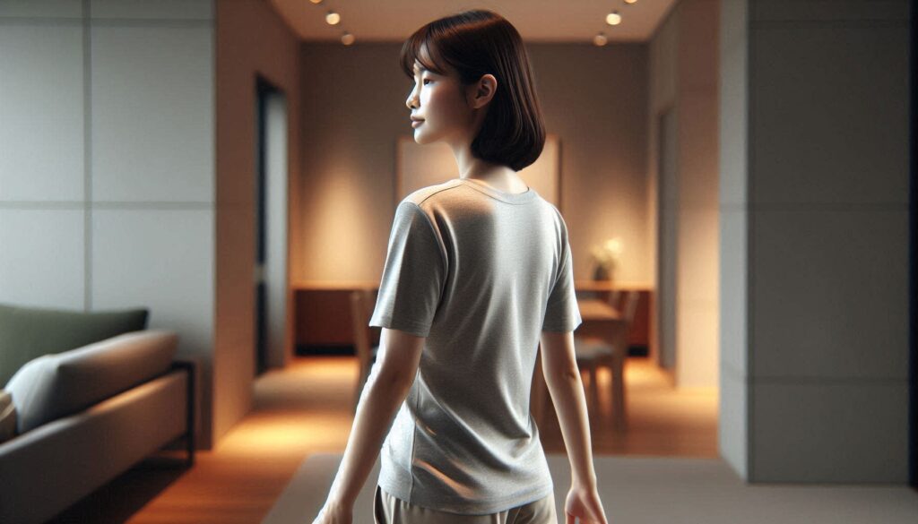 허리 통증 있을 때 걷기 운동 괜찮을까를 고민하는 여성의 걷기 장면