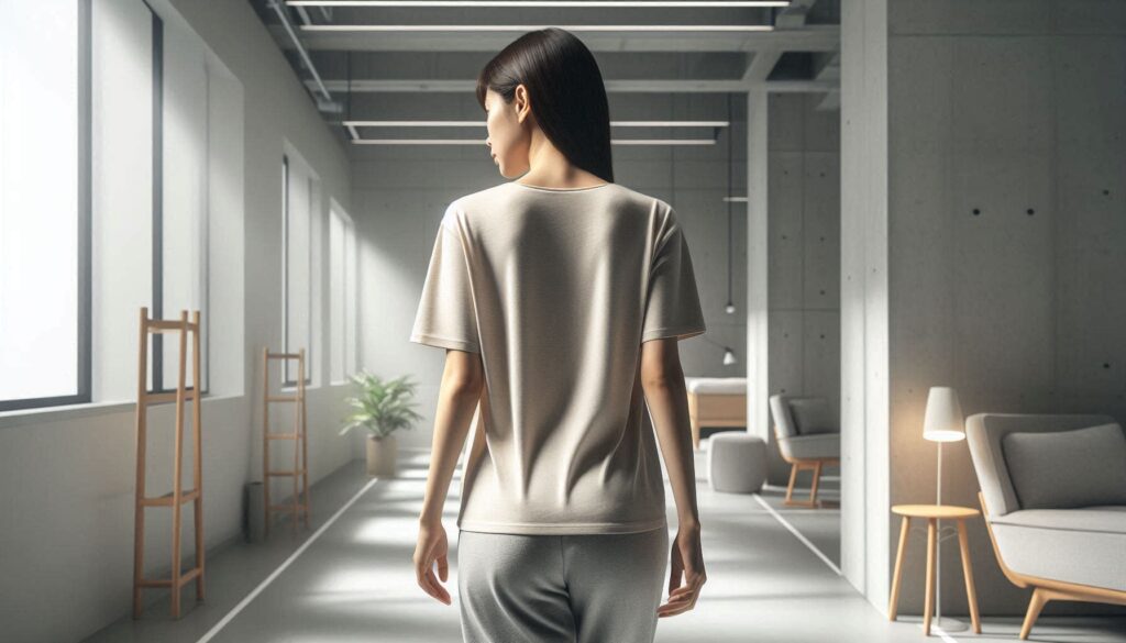 허리 통증 있을 때 걷기 운동 괜찮을까를 고민하는 여성의 걷기 장면