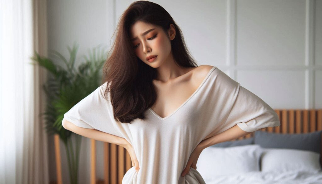 허리 통증과 체중 증가의 관계를 보여주는 자세 불균형 모습