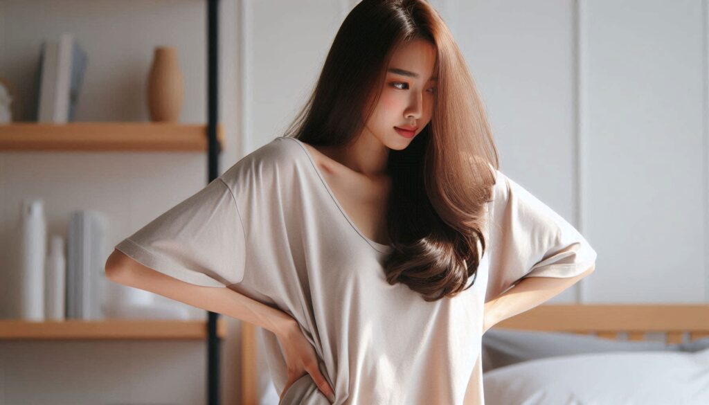 허리 통증과 체중 증가의 관계를 보여주는 자세 불균형 모습