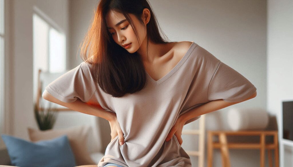 허리 통증과 체중 증가의 관계를 보여주는 자세 불균형 모습