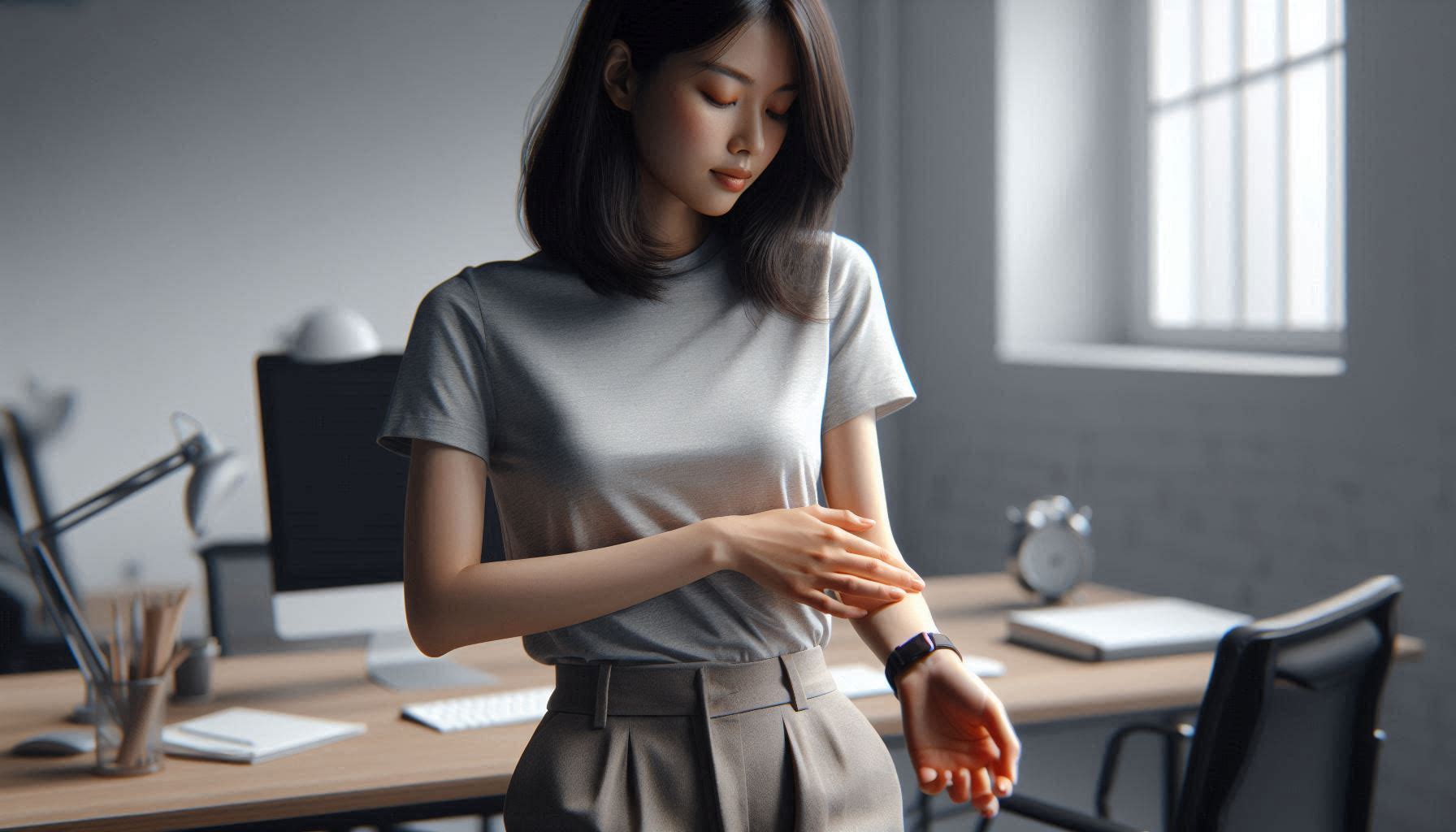 손목 터널증후군 초기 증상으로 손목과 손가락 저림을 느끼는 모습