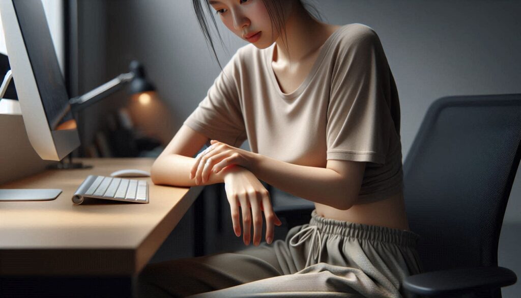컴퓨터 사용 후 손목 통증 이유를 설명하는 책상 작업 중인 여성 모습