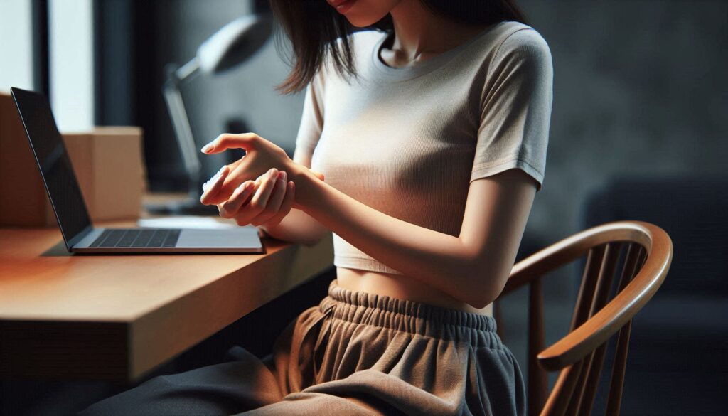 컴퓨터 사용 후 손목 통증 이유를 설명하는 책상 작업 중인 여성 모습