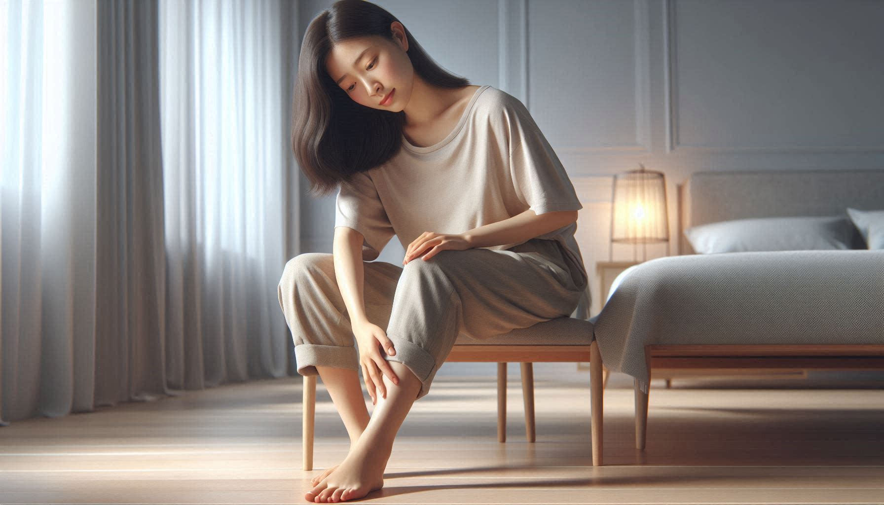 발바닥 가운데 통증 원인으로 발바닥 중앙을 짚으며 통증을 느끼는 모습
