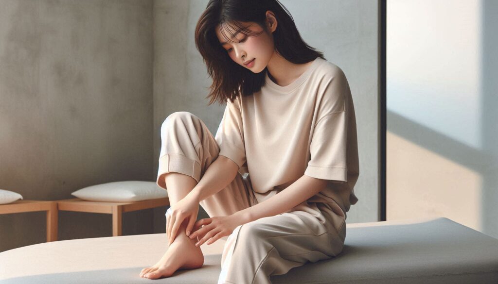 여성이 본인의 발을 마사지하는 모습