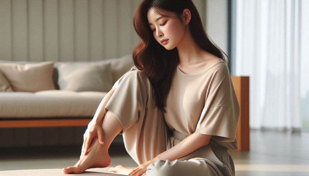 여성이 본인의 발을 마사지하는 모습
