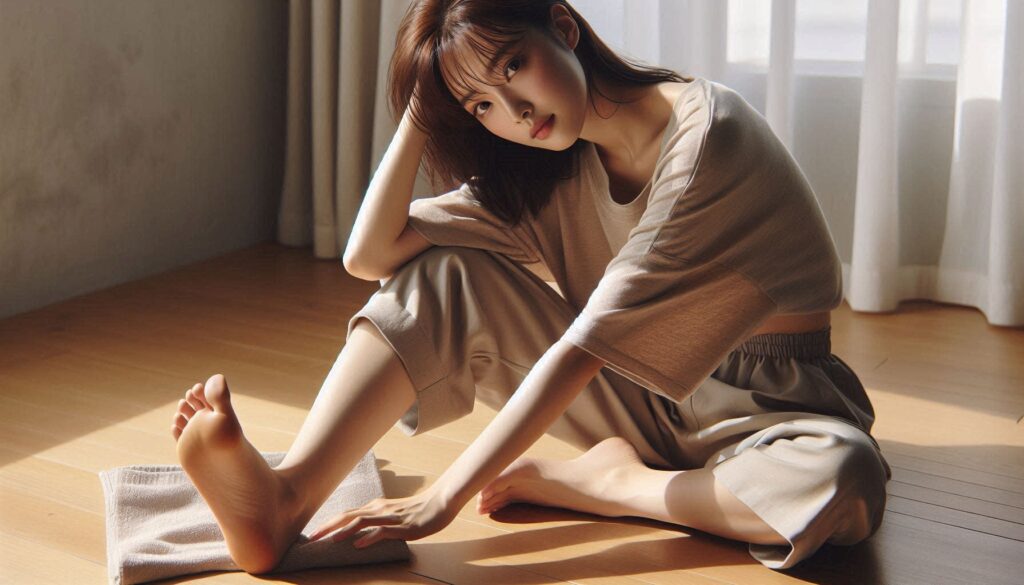 여성이 다리를 만지면 스트레칭하는 모습