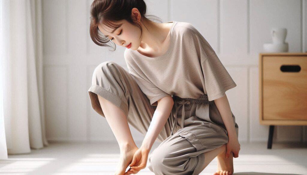 발 상태를 확인하는 여성의 모습