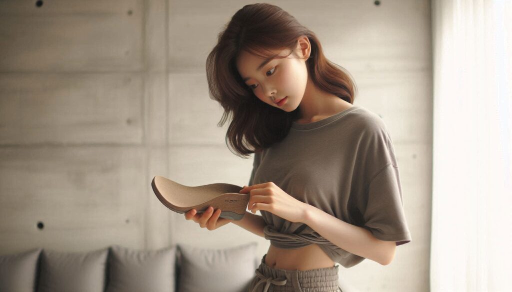 발 통증 줄이는 깔창 선택 방법 7가지 반드시 모르면 후회합니다를 설명하는 상황에서 깔창을 확인하는 모습