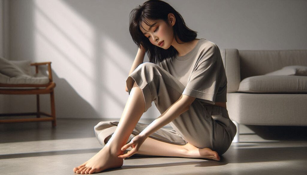 발 상태를 확인하는 모습