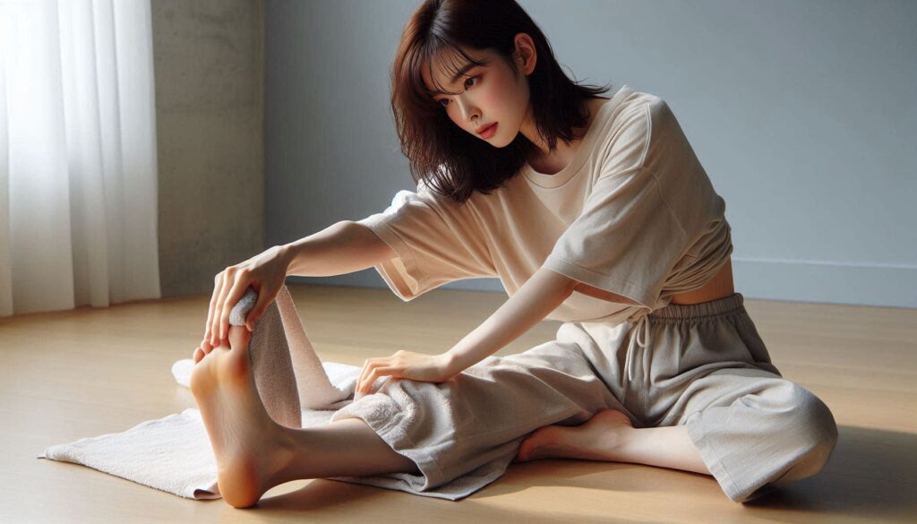 여성이 발을 잡고 스트레칭하는 모습