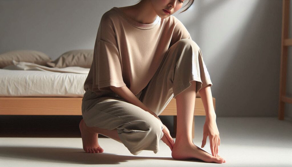 발 통증으로 본인의 발을 쳐다보는 여성의 모습