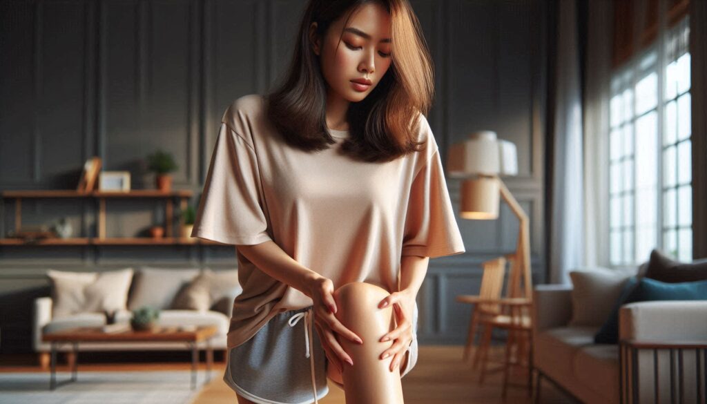 무릎 펴면 아픈 이유와 해결 방법으로 무릎을 잡고 있는 모습