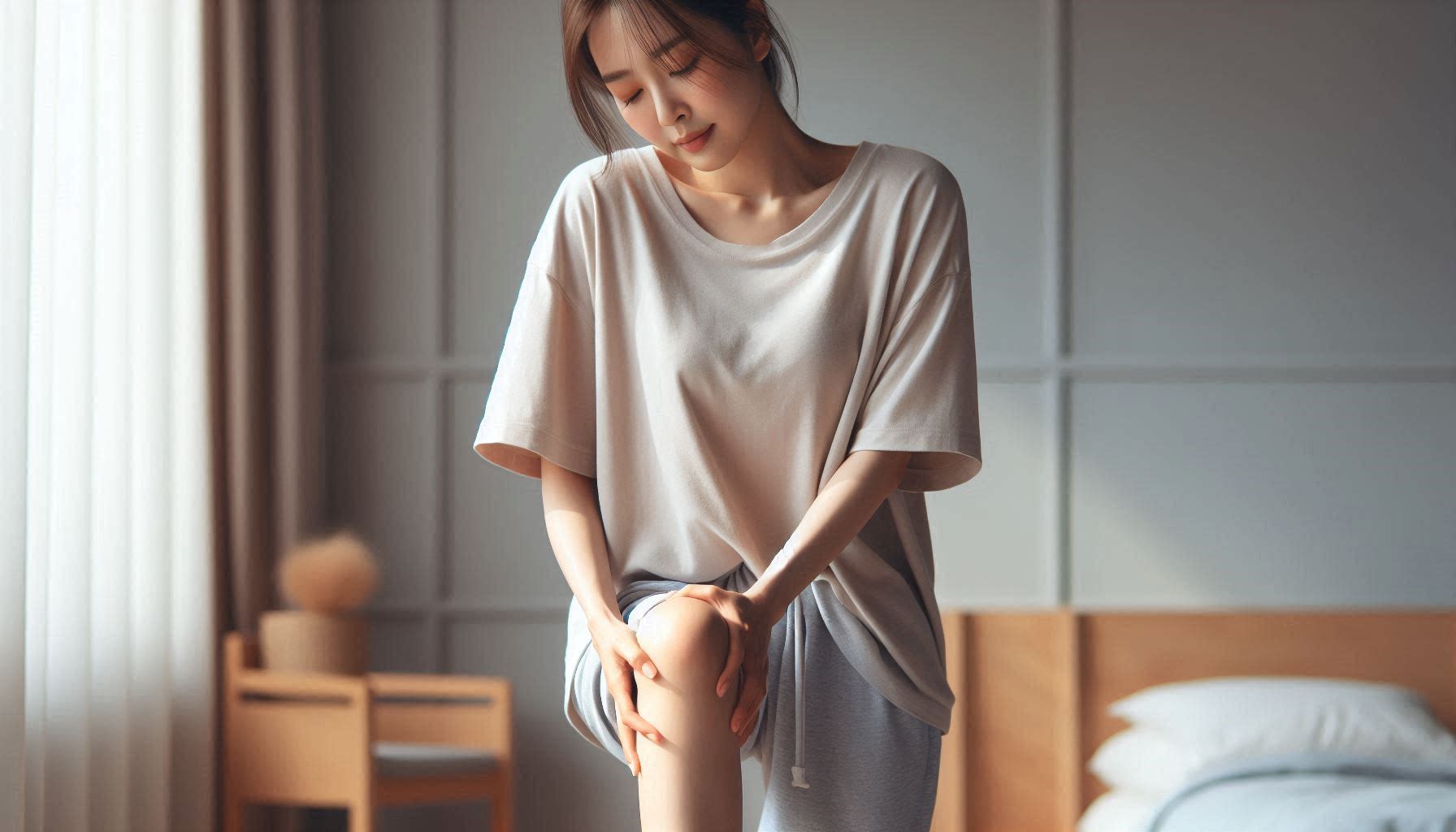 무릎 굽힐 때 통증으로 불편함을 느끼는 여성 모습