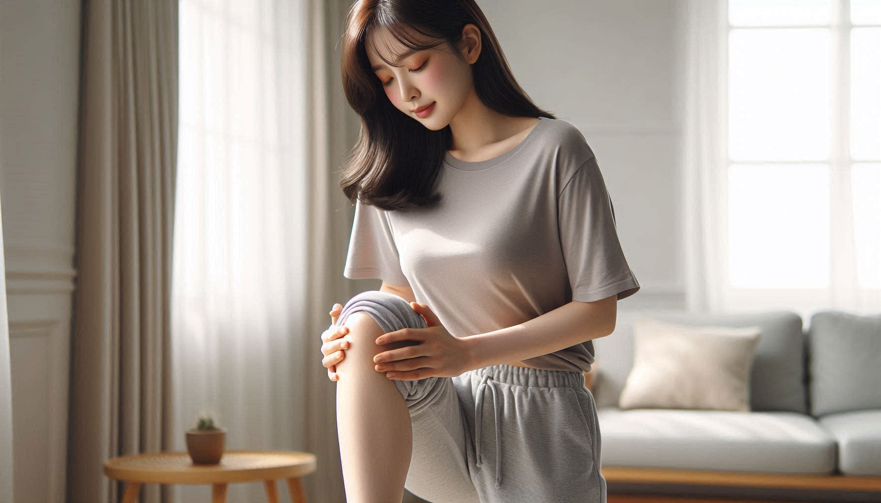 무릎 펴질 때 통증으로 불편함을 느끼는 여성 모습