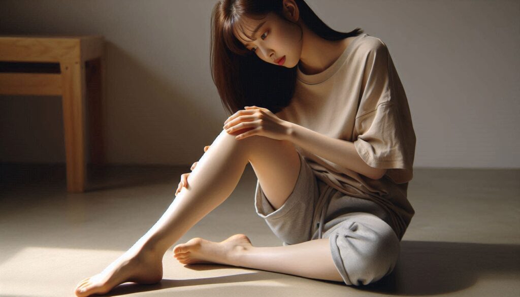 무릎 펴면 아픈 이유와 해결 방법을 고민하는 여성의 모습