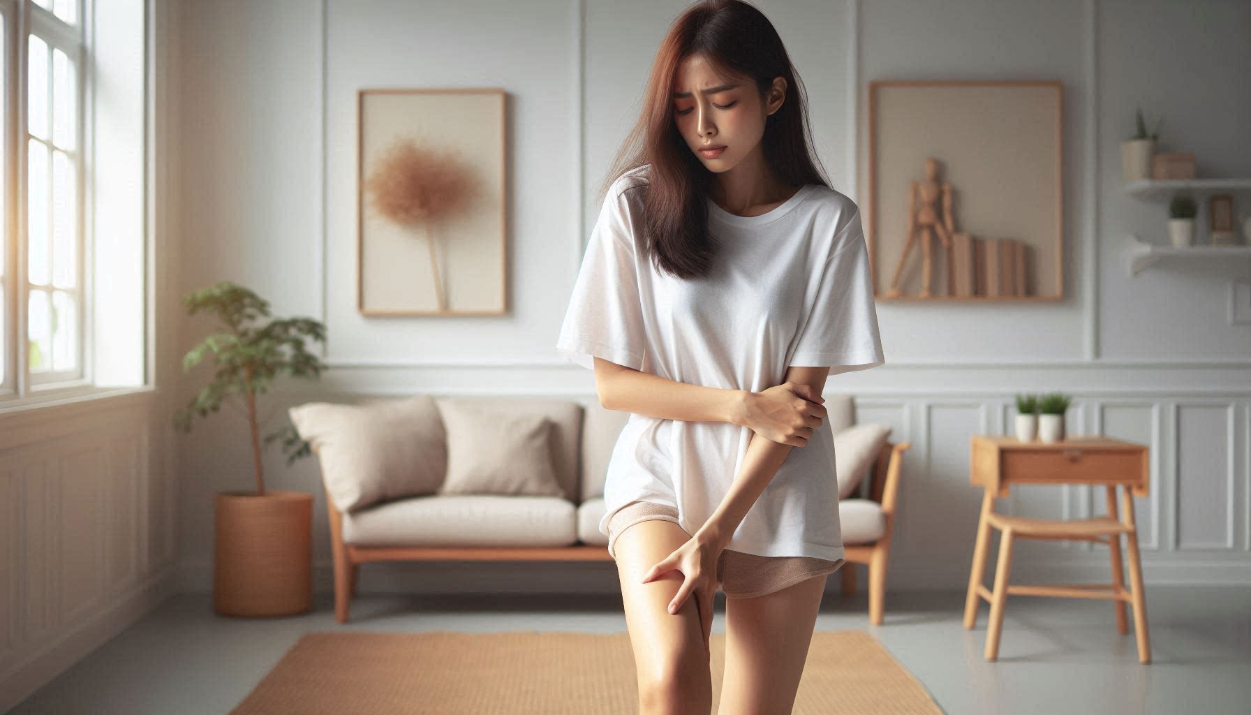 무릎 바깥쪽 통증 생기는 이유로 무릎 바깥쪽을 짚으며 통증을 느끼는 모습