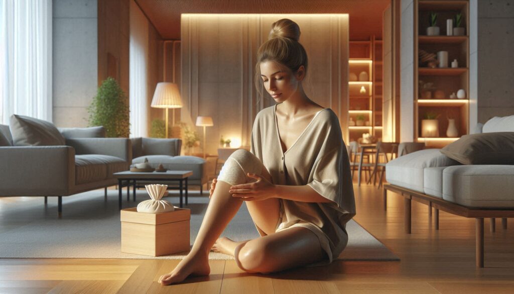 무릎 통증 있을 때 찜질을 하는 여성의 모습