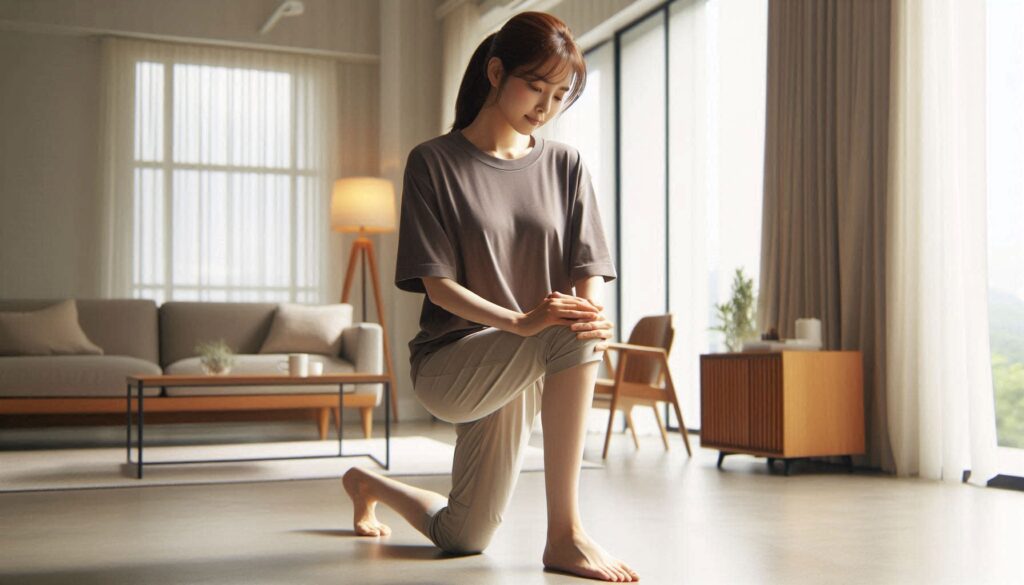 무릎 통증 예방 운동 7가지를 실천하는 장면으로 실내에서 스트레칭하는 모습