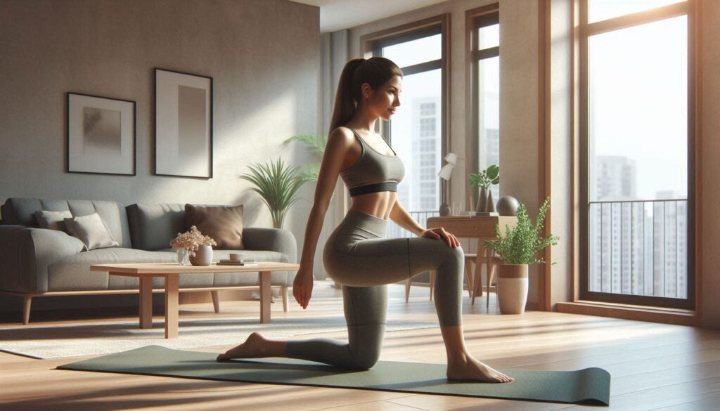 무릎 통증 있을 때 하면 좋은 운동으로 레그 레이즈를 하는 여성 모습