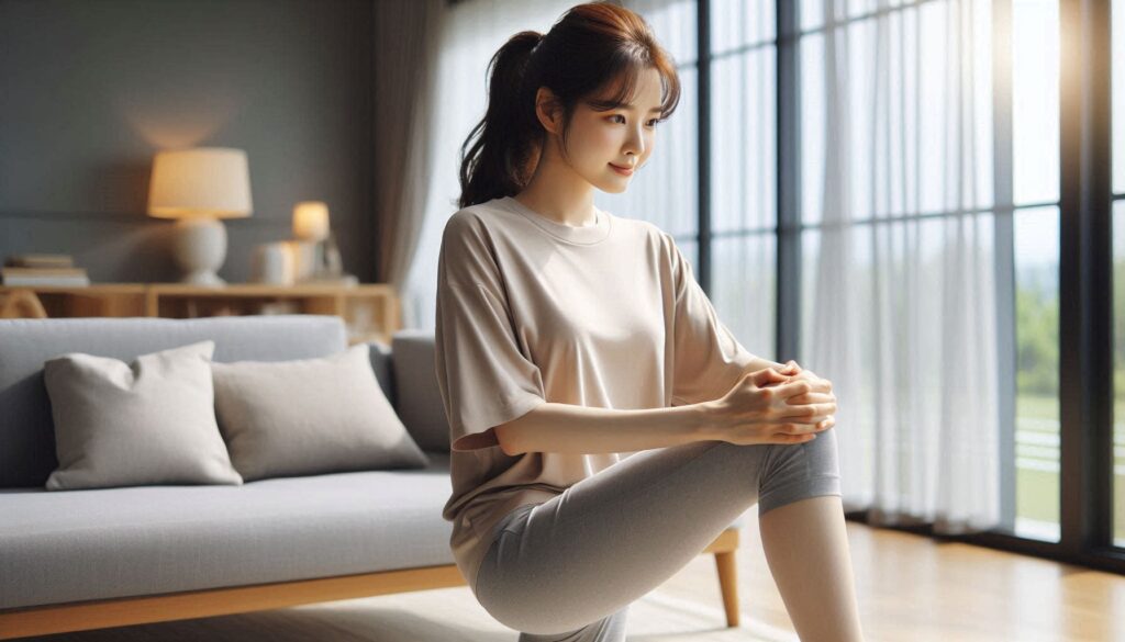무릎 통증 예방 운동 7가지를 실천하는 장면으로 실내에서 스트레칭하는 모습