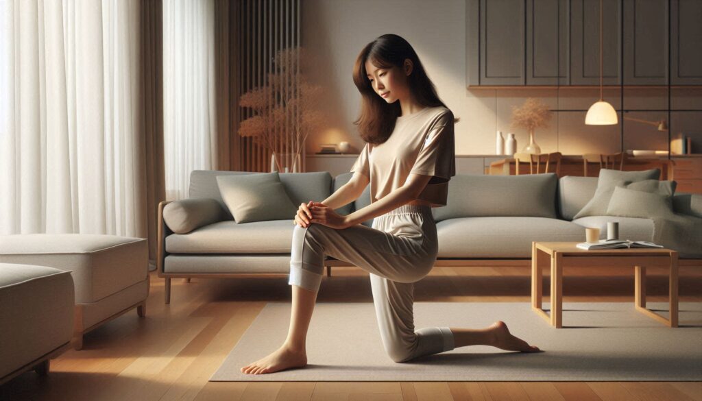 무릎 통증 줄이는 생활 습관을 실천하는 장면으로 실내에서 스트레칭하는 모습