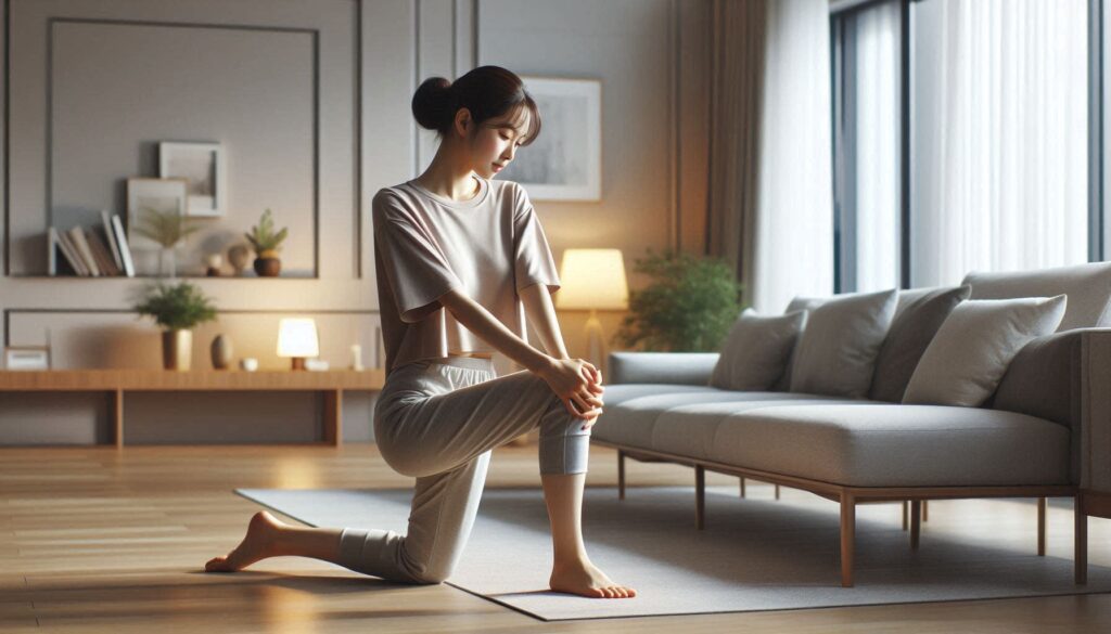 무릎 통증 줄이는 생활 습관을 실천하는 장면으로 실내에서 스트레칭하는 모습