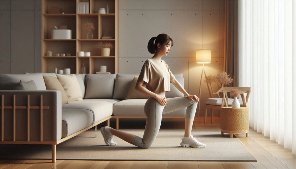 무릎 통증 줄이는 생활 습관을 실천하는 장면으로 실내에서 스트레칭하는 모습