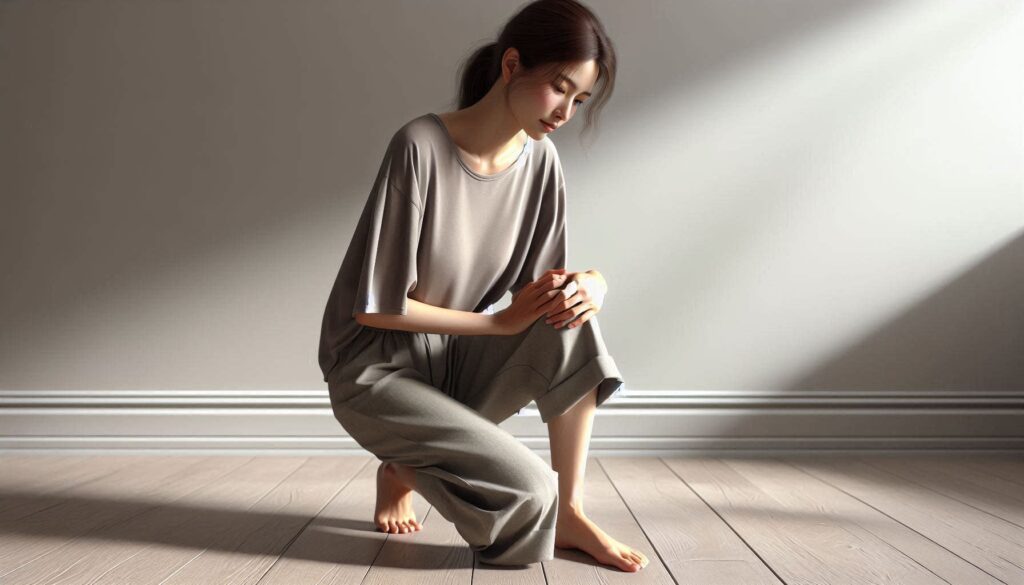 쪼그려 앉을 때 무릎 통증을 느끼는 상황의 여성 모습