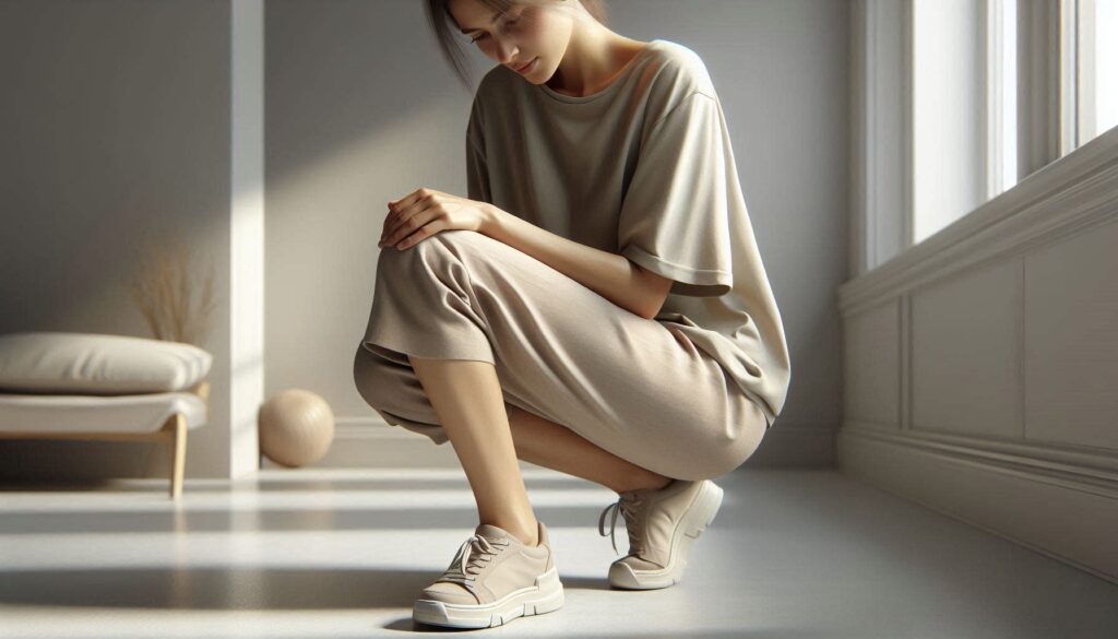 쪼그려 앉을 때 무릎 통증을 느끼는 상황의 여성 모습