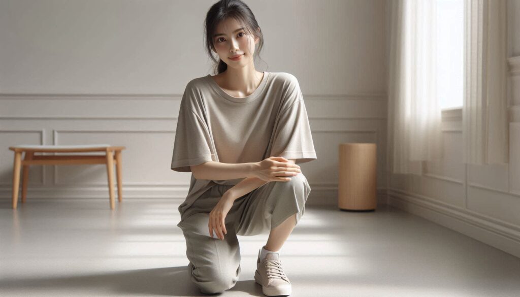 쪼그려 앉을 때 무릎 통증을 느끼는 상황의 여성 모습