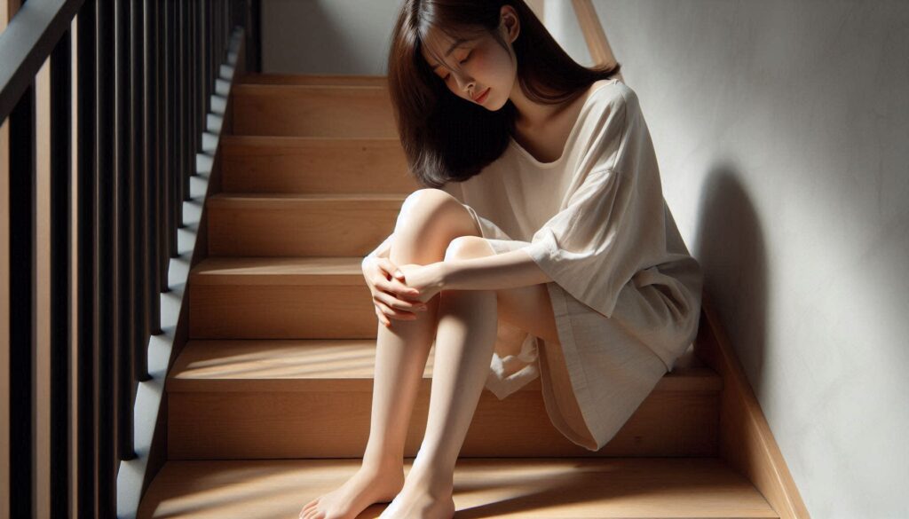 계단 내려갈 때 무릎 통증 생기는 이유를 보여주는 무릎 부담 자세