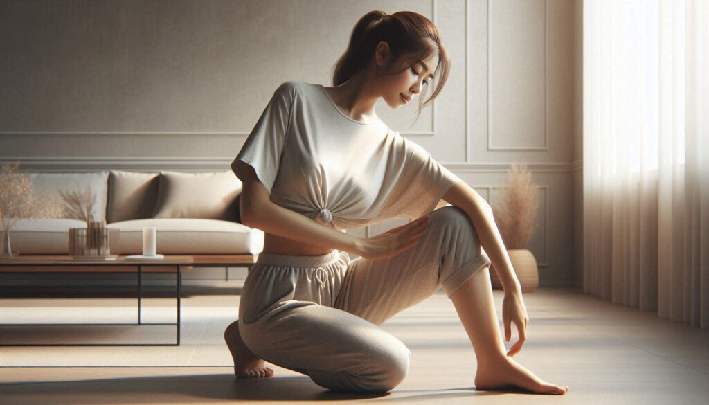 무릎 통증 줄이는 스트레칭 방법으로 허벅지 근육을 늘리는 장면