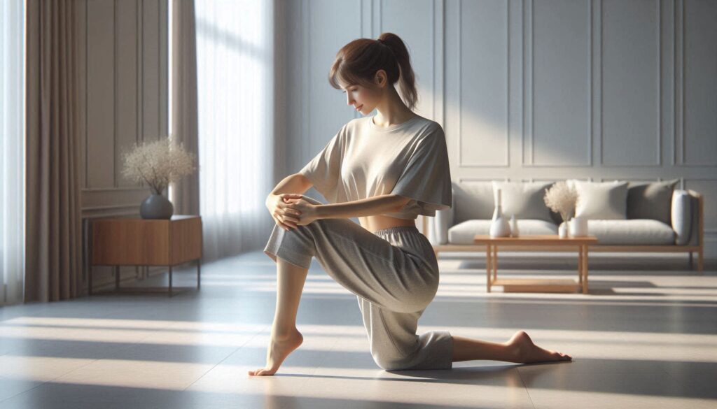 무릎 통증 줄이는 스트레칭을 하는 여성 모습