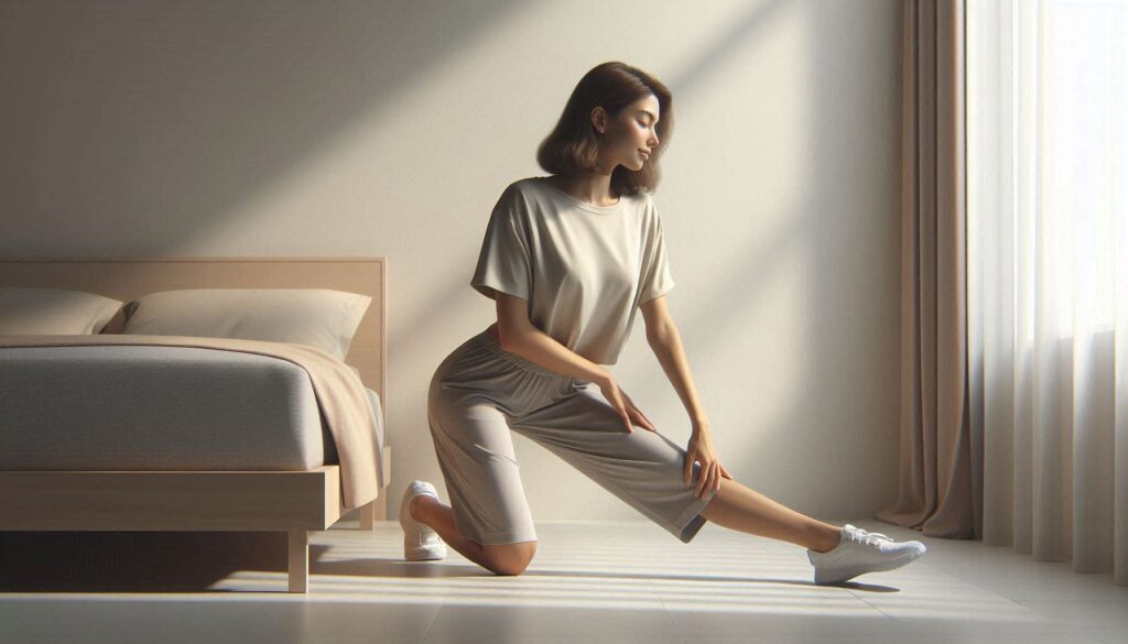 무릎 통증 줄이는 스트레칭을 하는 여성 모습
