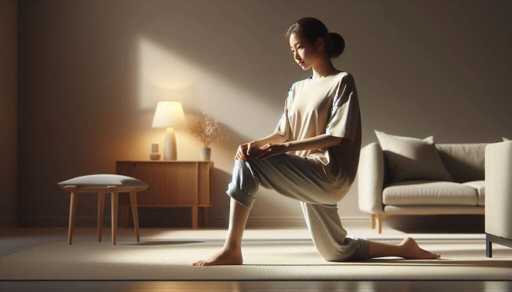 무릎 통증 줄이는 스트레칭을 하는 여성 모습