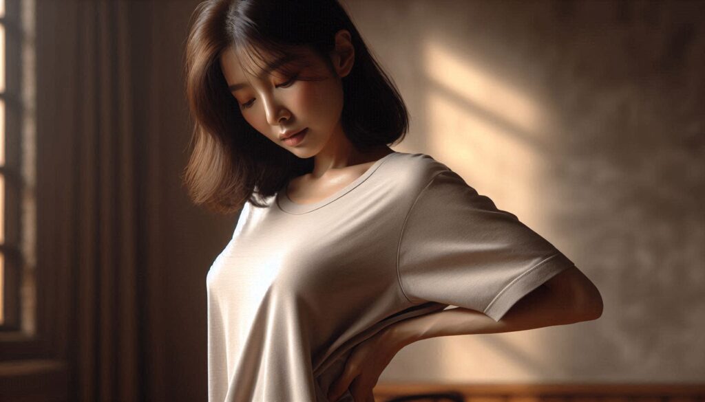 허리 왼쪽 통증 원인과 관리 방법을 설명하는 허리를 잡고 있는 여성 모습