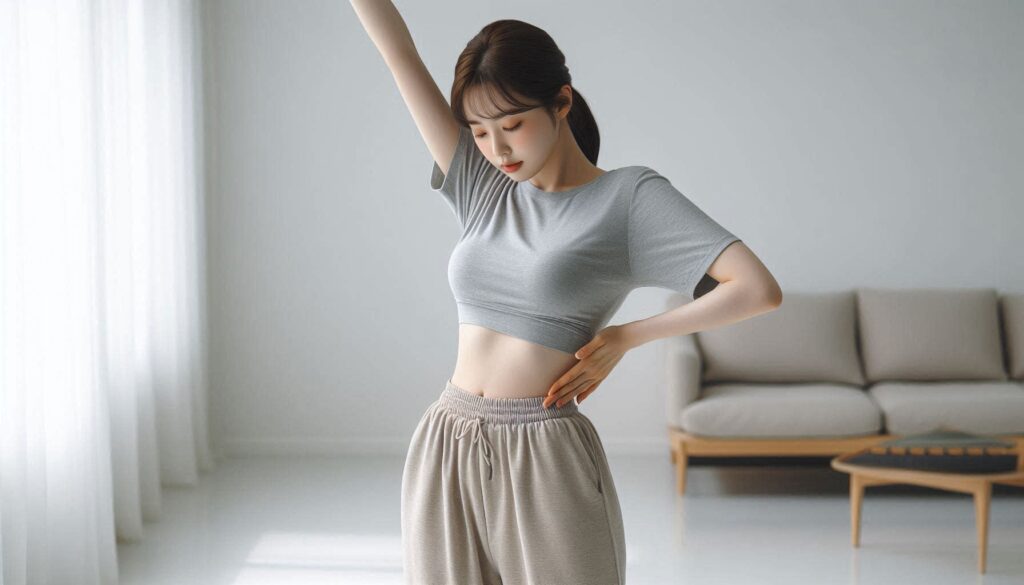 서서 왼쪽 허리를 풀어주는 옆구리 스트레칭