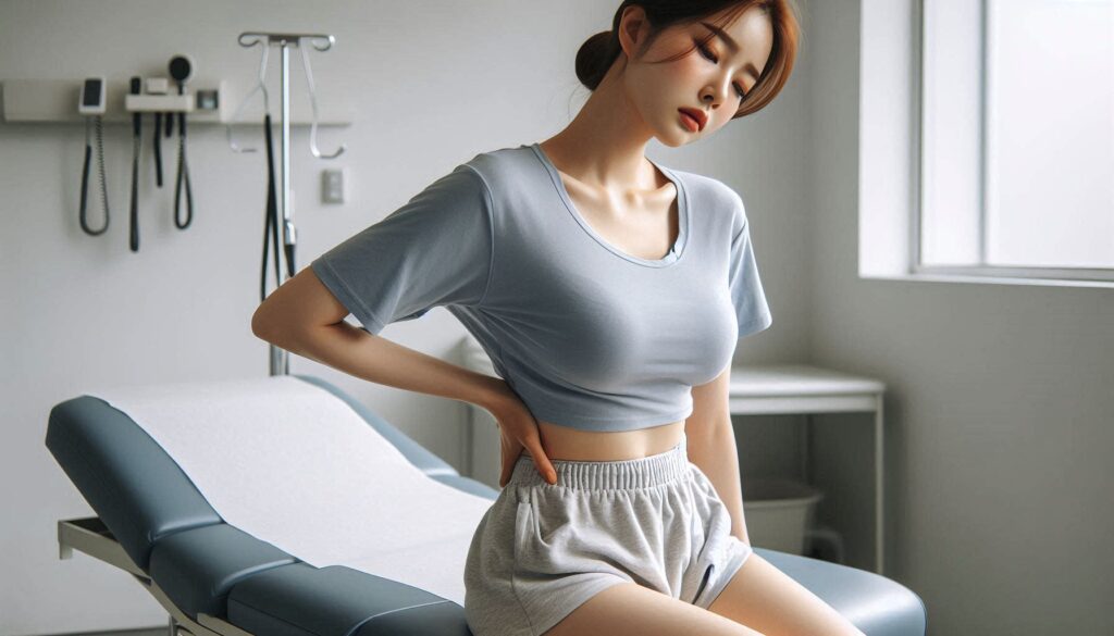 지속되는 아침 허리 통증으로 병원 상담이 필요한 모습
