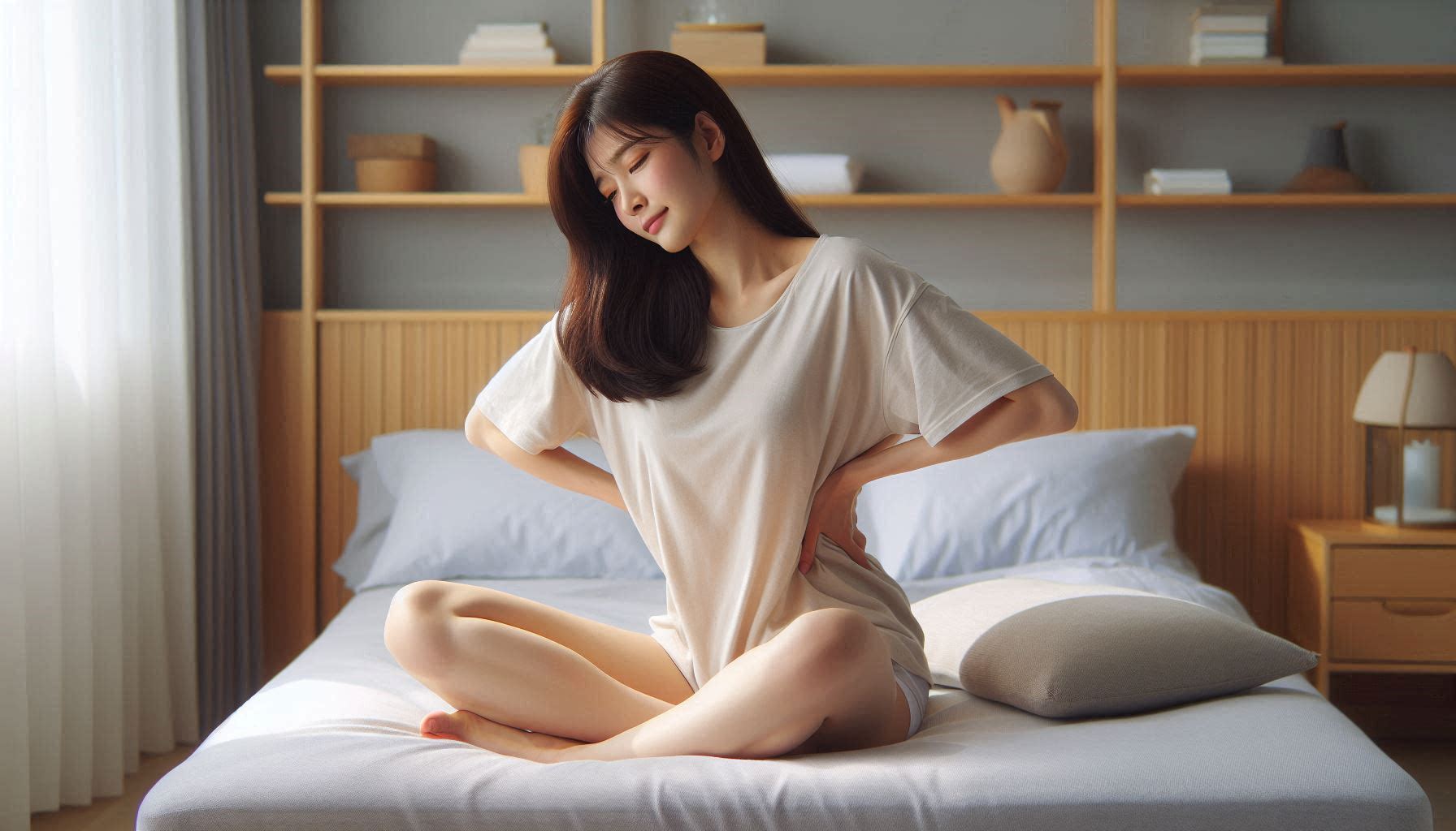 아침에 일어날 때 허리 통증으로 힘들어하는 모습