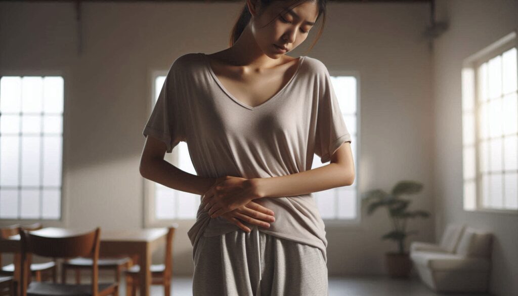 허리 통증과 골반 틀어짐 관계를 보여주는 허리를 잡고 있는 여성 모습
