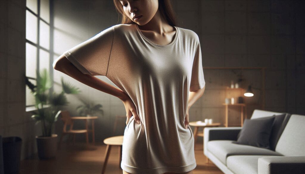 허리 통증과 골반 틀어짐 관계를 보여주는 허리를 잡고 있는 여성 모습