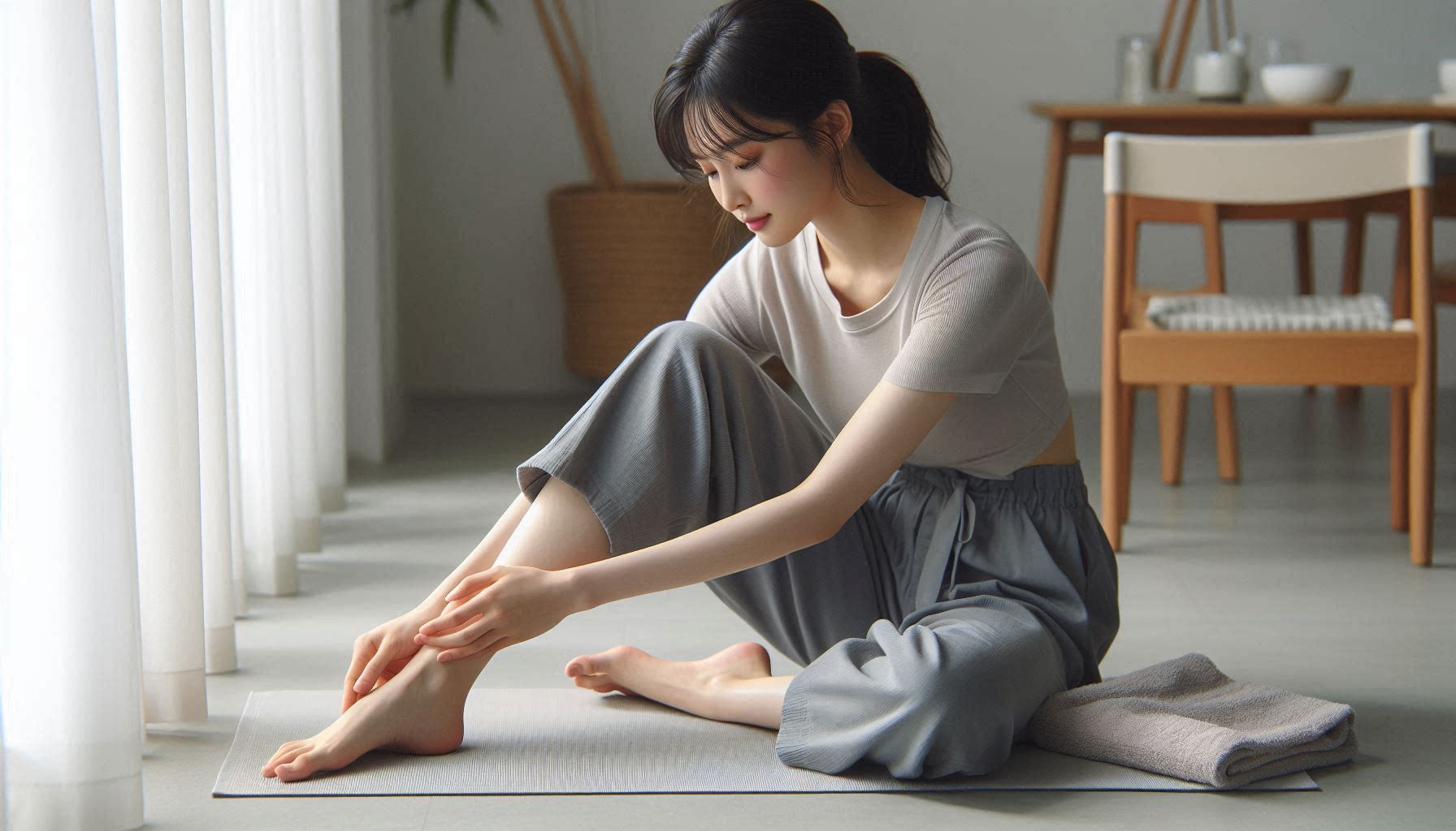 발바닥 통증 줄이는 스트레칭으로 발바닥을 늘리며 통증을 완화하는 모습