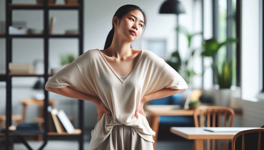 허리 왼쪽 통증 원인과 관리 방법을 설명하는 허리를 잡고 있는 여성 모습