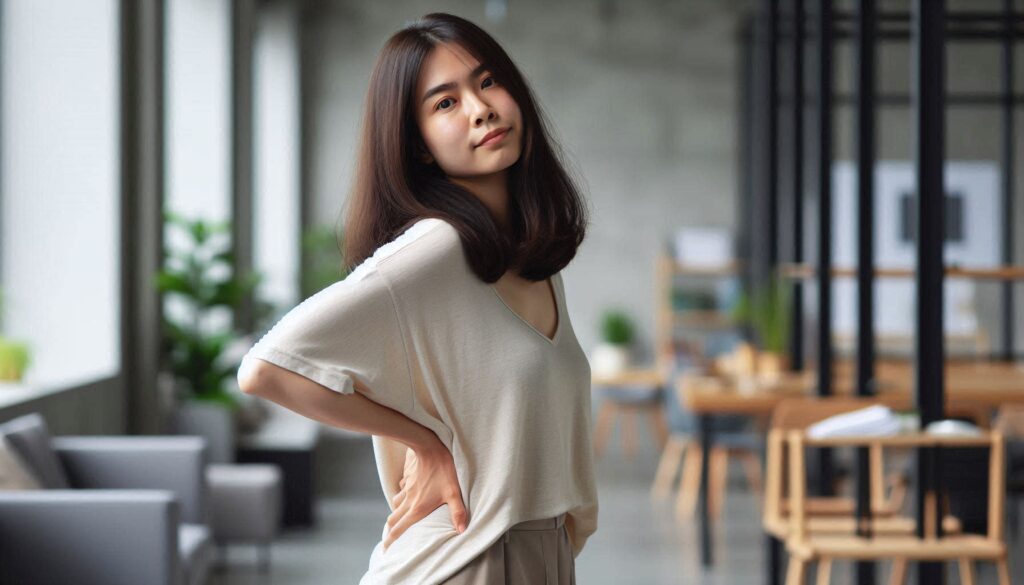 허리 통증이 계속 반복되는 이유로 허리를 잡고 있는 여성