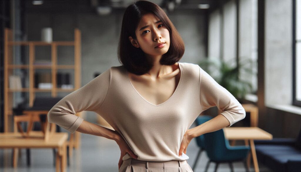 허리 통증이 계속 반복되는 이유로 허리를 잡고 있는 여성
