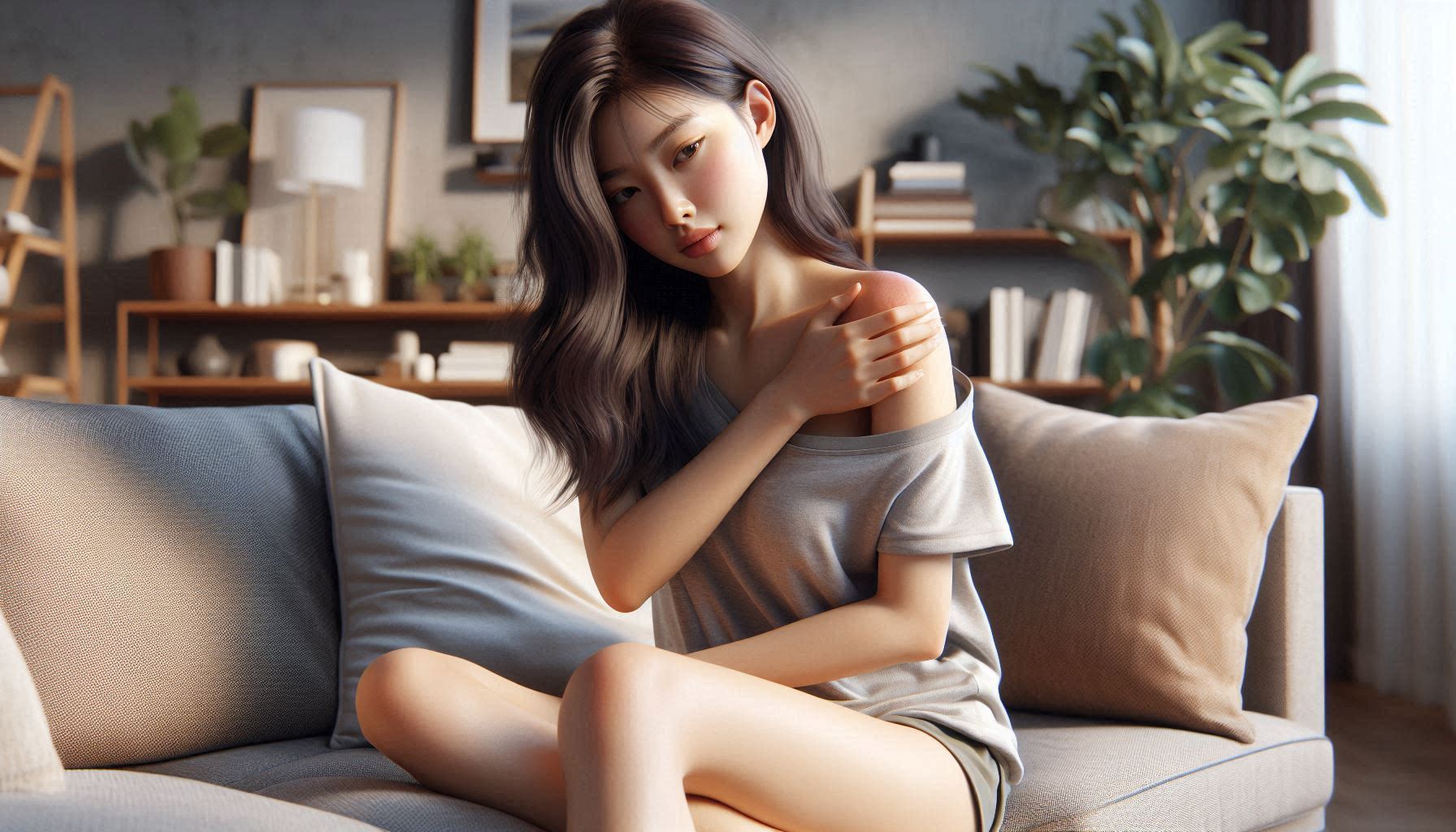 어깨 뒤쪽 통증 원인 5가지로 어깨 뒤쪽을 짚으며 통증을 느끼는 모습