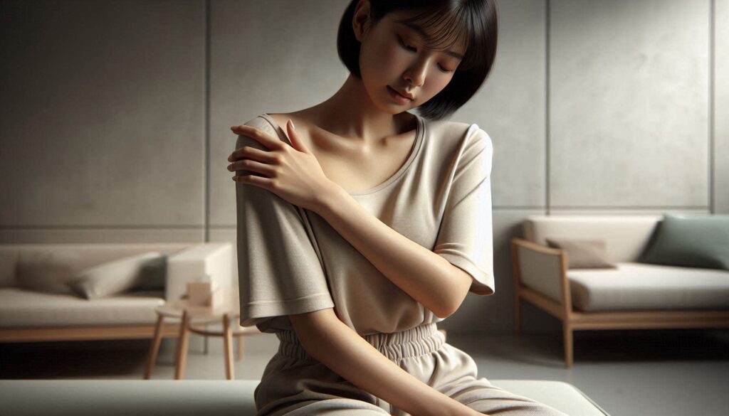 어깨 앞쪽 통증 원인과 치료 방법을 설명하는 실내 자세 장면